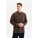 Ar-ma Erkek Polo Yaka Sweatshirt Baskisiz Çizgili Düğmeli Cepsiz Örme Kumaş Büyük Beden%100 Pamuk Ringel Otoman K30554801602 Kahverengi-K1