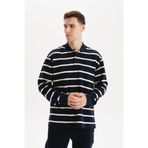 Ar-ma Erkek Polo Yaka Sweatshirt Baskisiz Çizgili Düğmeli Cepsiz Örme Kumaş Büyük Beden%100 Pamuk Ringel Otoman K30554801602 Lacivert-L1