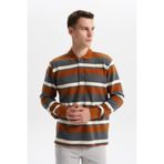 Ar-ma Erkek Polo Yaka Sweatshirt Baskisiz Çizgili Düğmeli Cepsiz Örme Kumaş Büyük Beden%100 Pamuk Ringel Otoman K30554801702 Kahverengi-K3
