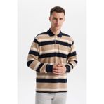 Ar-ma Erkek Polo Yaka Sweatshirt Baskisiz Çizgili Düğmeli Cepsiz Örme Kumaş Büyük Beden%100 Pamuk Ringel Otoman K30554801702 Lacivert-L1
