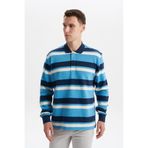 Ar-ma Erkek Polo Yaka Sweatshirt Baskisiz Çizgili Düğmeli Cepsiz Örme Kumaş Büyük Beden%100 Pamuk Ringel Otoman K30554801702 Mavi-M2