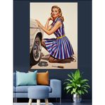 Araba Lastik Tamir Eden Pin-Up Kadın Dekoratif Kanvas - Mdf Ahşap Tablo
