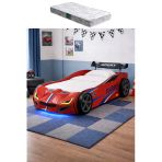 Arabalı Yatak, Turbo Gtı Rüzgarlıklı Ledli Arabalı Çocuk Yatağı - Kırmızı - 1 Adet Comfort Yatak