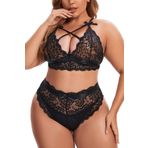 Aranmei Kadın Büyük Beden İç Çamaşırı Seti Seksi İç Çamaşırı İç Çamaşırı Derin V Dantel Sütyen ve Yüksek Bel Külot Seti Çapraz Askılı Bralette Set, Siyah, XL