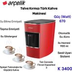 Arçelik K 3400 Telve Kırmızı Türk Kahve MAKINESI+500 Gr.türk Kahvesi Hediye