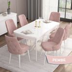 Are Serisi, Mdf 80X132 Açılabilir Beyaz Yemek Odası Takımı, 6 Sandalye Gold Halkalı - 80 x 132 cm - Pembe