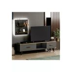 Aren Işıklı Tv Ünitesi – Duvara Monte Raflı, Gold Detaylı Modern Tasarım Antrasit