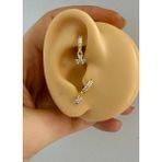 Ares Collection 1 Adet 3taş Sallantılı Tragus Rook Uyumlu Minimal Halka Piercing Küpe - Gold