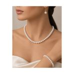 Arescollection 8 MM LÜX BEYAZ İNCİ KOLYE BİLEKLİK KÜPE KADIN TAKI SETİ gold klips