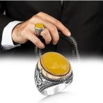 Argento Silver 925 Ayar Gümüş Erkek Yüzük Sarı Akik Taşlı - Renkli - 24