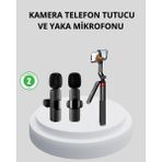 Argesco Mühendislik Kablosuz Çift Yaka Mikrofonu ve Tripodlu Selfie Çubuğu Içerik Üretici Seti