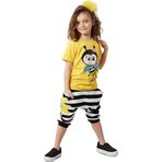 Arı Desenli Çizgili Kız Çocuk Sarı Yazlık T-shirt Kapri Şort Takım