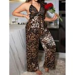 Arias Closet Özel Tasarım Büyük Beden Leopar Desenli İnce Askılı 2'Li Saten Pijama Takımı