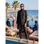 Arias Closet Paraşüt Basic Siyah Tam Kapalı Fermuarlı Spor Likralı Tesettür Mayo Takımı