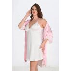 Arias Closet Premium Büyük Beden Saten Dantel İşlemeli Beyaz-Pembe 2Li Gecelik Sabahlık Takımı Bigsize