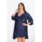 Arias Closet Premium Büyük Beden Saten Dantel İşlemeli Lacivert 2Li Gecelik Sabahlık Takımı Bigsize