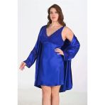 Arias Closet Premium Büyük Beden Saten Dantel İşlemeli Saks 2Li Gecelik Sabahlık Takımı Bigsize