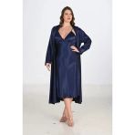 Arias Closet Premium Büyük Beden Saten Lacivert Uzun 2Li Gecelik Sabahlık Takımı Bigsize