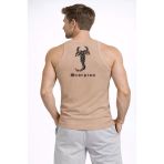 Arka Baskılı Erkek Fit Duruş Bej Fitilli Atlet Sıfır Yaka Slim Fit Spor Atlet