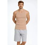 Arka Baskılı Erkek Fit Duruş Spor Fitilli Atlet 2'li Set Kahverengi Ve Beyaz Slim Fit Kaşkorse Spor Atlet