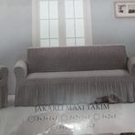 Arlisa 3+3+1+1 Antrasit Jakarlı Kare Çizgili Etekli Maksi Koltuk Örtüsü