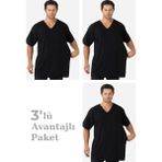 Arma Yıldız 3'lü Paket Siyah Erkek V Yaka Kısa Kollu Büyük Beden Tişört %100 Pamuklu Penye - Siyah-15 - 5XL