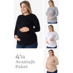 Arma Yıldız 4'lü Paket Renkli Uzun Kollu Hamile Tişört Pamuklu Likralı Yumuşak ve Esnek Kumaş - 2XL - Siyah - Beyaz - Gri - Ten