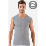 Arma Yıldız Erkek Gri Pamuklu Tişört Sıfır Kol V Yaka Kolsuz Atlet 2'li Paket - 3XL
