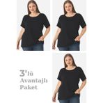 Arma Yıldız Kadın Büyük Beden Pamuklu Basic Kısa Kollu Bisiklet Yaka Tişört Siyah 3'lü Paket - Siyah-85407 - 5XL