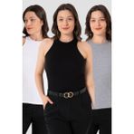Arma Yıldız Kadın Pamuklu Fitilli Görünümlü Halter Yaka Atlet Siyah Beyaz Gri 3'lü Paket - 3XL - Gri - Siyah - Beyaz