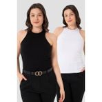 Arma Yıldız Kadın Pamuklu Fitilli Görünümlü Halter Yaka Basic Siyah - Beyaz Atlet 2'li Paket - 3XL