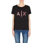 Armani Exchange Kadın Boyfriend kalıp, iki boyutlu logo baskısı. Tişört, Siyah, S