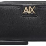 Armani Exchange Women's Madison, Sürdürülebilir, Altın Metal Logo Tri-Fold Cüzdan, Siyah, Siyah, Ölçü Birimi