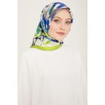 Armine Neon Yeşil - Lacivert Çiçek Desen Tivil İpek Eşarp 9153 - 81 - 90 x 90 cm