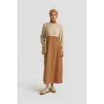 Armine Paraşüt Kumaş Mix Örme Elbise ORTD9437 Camel - 36
