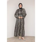 Armine Trend Siyah 24KT904 Leopar Desenli Beli Kemerli Elbise