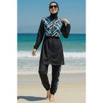 armonika 3'lü Takım Hakim Yaka Önden Fermuarlı Pelerinli Beli Lastikli Burkini Paraşüt Kumaş Tesettür Mayo D3