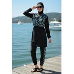 armonika 3'lü Takım Hakim Yaka Önden Fermuarlı Pelerinli Beli Lastikli Burkini Paraşüt Kumaş Tesettür Mayo D75