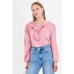 Armonika ARM-22K001059 Kadın Açık Pembe Yakası Fırfırlı Omuzu Büzgülü Kolu Lastikli Pamuk Saten Bluz