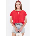 armonika Kadın Açık Kırmızı Yarasa Kol Yakası Bağlamalı Eteği Fırfırlı Oversize Crop Bluz ARM-24Y001088