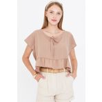 armonika Kadın Açık Vizon Yarasa Kol Yakası Bağlamalı Eteği Fırfırlı Oversize Crop Bluz ARM-24Y001088