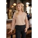 Armonika Kadın Bej V Yaka Yarasa Kol Kolları Desenli Bluz ARM-26Y001065 - XL