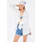 Armonika Kadın Beyaz Kendinden Çizgili Önden Bağlamalı Kimono Gömlek Relaxed Fit Günlük Stil - XL
