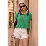 armonika Kadın Çimen Yeşil Yarasa Kol Yakası Bağlamalı Eteği Fırfırlı Oversize Crop Bluz ARM-24Y001088