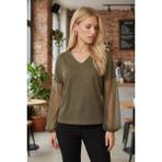 Armonika Kadın Haki V Yaka Yarasa Kol Kolları Desenli Bluz ARM-26Y001065 - XL
