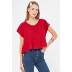 armonika Kadın Kırmızı Yarasa Kol Yakası Bağlamalı Eteği Fırfırlı Oversize Crop Bluz ARM-24Y001088