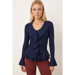 armonika Kadın Lacivert Yakası Fırfırlı Kolları Volanlı Büzgülü Bluz ARM-26K001079