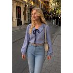 armonika Kadın Lacivert Yakası Volanlı V Yaka Pötikare Bluz ARM-26Y001090