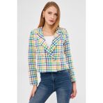 Armonika Kadın Mavi-Sarı Kruvaze Yaka Tüvit Crop Ceket ARM-24K001014 - XL - Mavi - Sarı