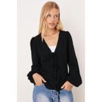 Armonika Kadın Siyah Önden Bağlamalı Etek Ucu Fırfırlı Kolları Lastikli Bluz ARM-26K001019 - XL